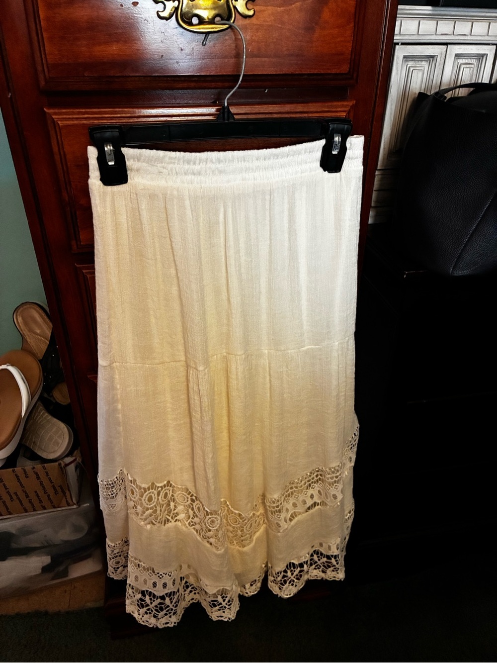 Women's Cream Crochet-Hem Tiered Maxi Skirt Fully Lined